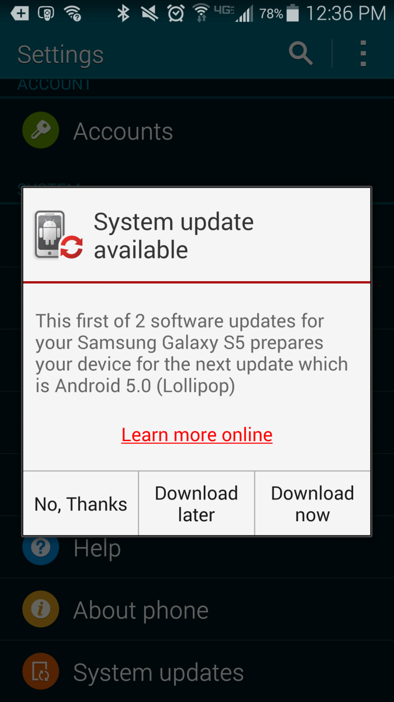 System update available on the Samsung Galaxy S5 for Verizon.