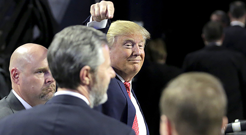 Donald Trump Points at Liberty University president Jerry Falwell Jr. 