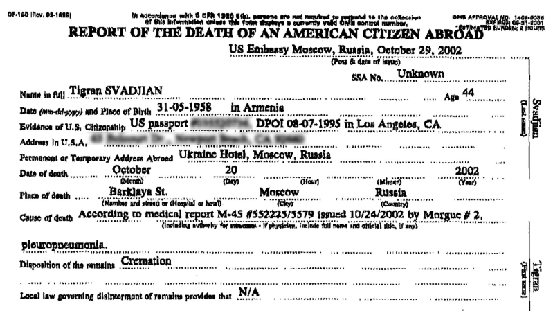 Svadjian's Fake Death Certificate