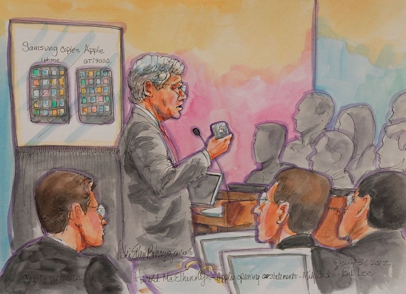 One court drawing of the Apple vs. Samsung landmark case. 