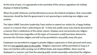 Holiday Religious Expression Banned, Then Reinstated, at Virginia Veterans Affair Medical Center